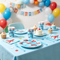 Vaisselle de fête sur le thème de l'avion de dessin animé, ensemble de fournitures pour fête d'anniversaire d'enfants, assiettes en papier jetables, couverts, gobelets, serviettes
