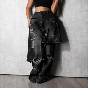 Nuevos Jeans de Mezclilla Estilo Urbano Euroamericano, Lavado Arena, Desgastados, con Parches, Rotos, Holgados y Rectos para Mujer - Product Image 1