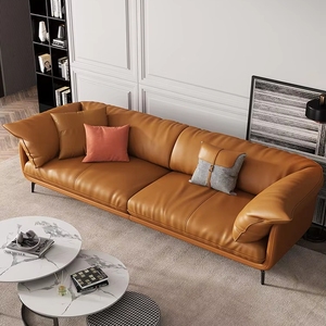 Sofá de Cuero Italiano Moderno de Lujo Ligero, Sofá de 3 Plazas <span class=keywords><strong>Relleno</strong></span> de Plumón con Cuero de Primera Capa para Sala de Estar Nórdica - Product Image 2