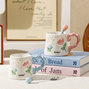 Lelyi ins ถ้วยเซรามิกลายนูนรูปหัวใจผู้หญิงน่ารักแก้ว<span class=keywords><strong>กาแฟ</strong></span>สไตล์สดใสสุดสร้างสรรค์มูลค่าสูง - Product Image 2