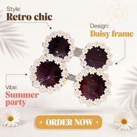 Lunettes de soleil tendance avec décor floral marguerite, monture ronde, verres anti-UV, légères, idéales pour les fêtes et comme accessoire photo