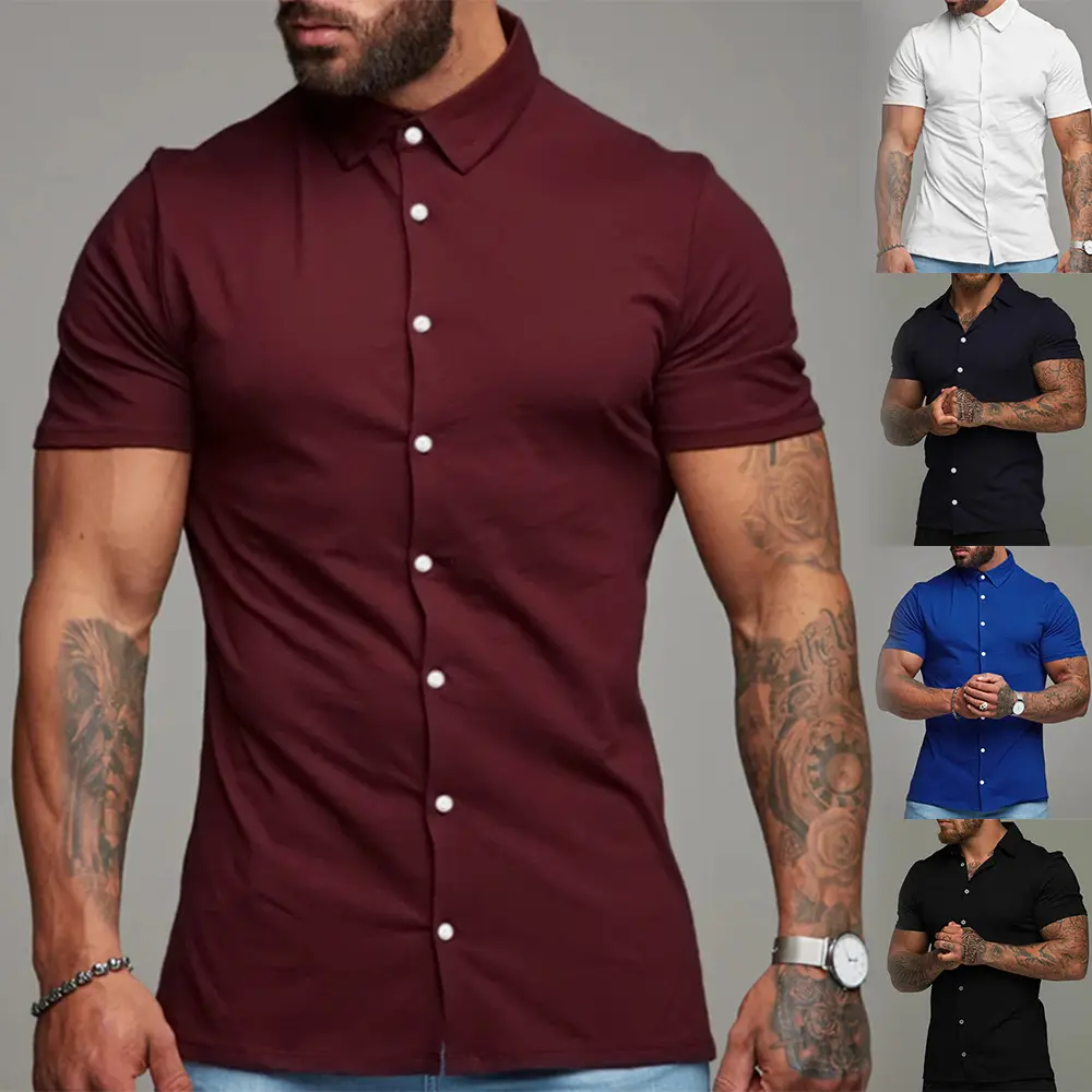 Summer Short Sleeve DRESS SHIRTS Solid Color Sports Casual Imitation Cotton Shirt Business Wear Button Up Shirt Mens