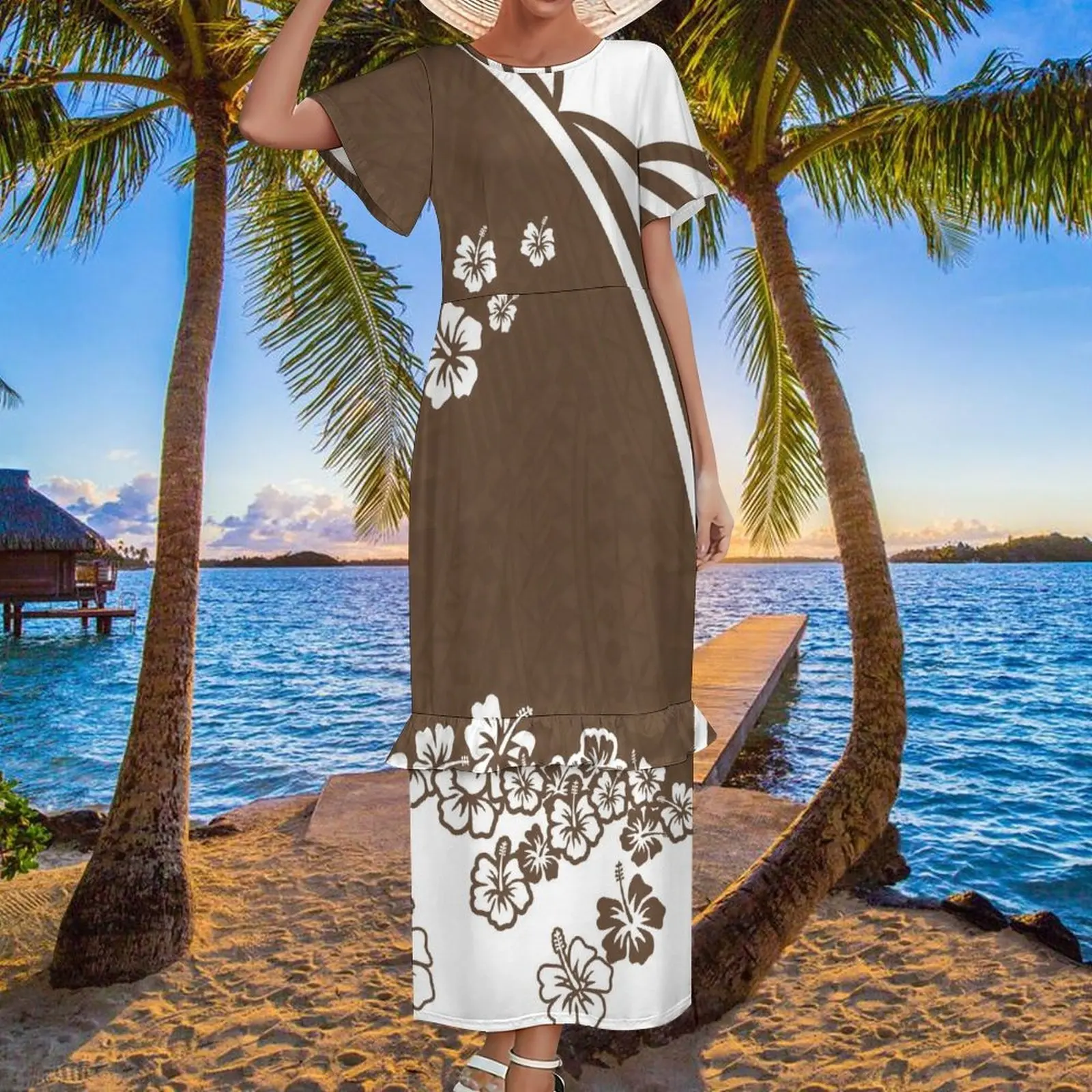 custom women clothing hibiscus print brown vintage short sleeve elegant long dress polynesian O-Neck fashion pencil dress
