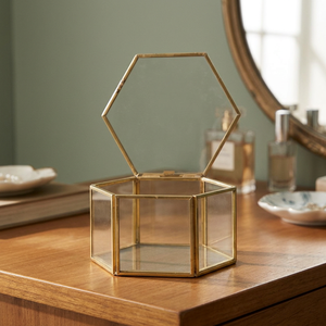 Hexagon Glass Jewelry <b>Box</b> With Gold Frame And Lid Modern Storage Container For Jewellery - Product Image 3