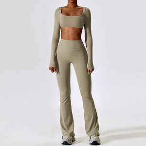 Women Long Sleeves Crop Top &amp; Wide Leg Flare Pants Gym Fitness Wear Set Workout Sports Clothes Pilates Yoga Outfits - Product Image 5