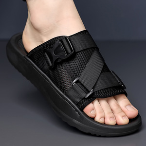Men Summer Solid Mesh <b>Slides</b> Open Toe Breathable EVA Sole Casual Beach Sandals Buckle Strap White Lining - Product Image 4