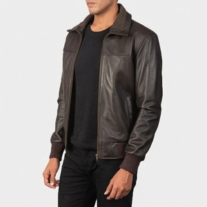 Men's Brown Genuine Leather Slim Jacket Stand Collar <b>Covered</b> <b>Button</b> Breathable Regular Fit Solid Color Autumn Style Moto Biker - Product Image 1