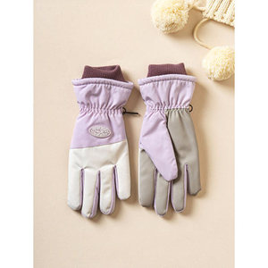 Guanti da sci viola da donna con blocchi di colore a un punto termici realizzati in pelle di montone in cotone PU per lo snowboard all'aperto - Product Image 1