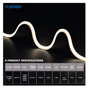 Tira de LED COB de 8mm de Grosor, 320 LED, 12W, DC24V, 2700K a 6000K, Cuatro Opciones de CCT, IP20, Alto CRI, Corte en Cualquier Longitud, Iluminación - Product Image 2