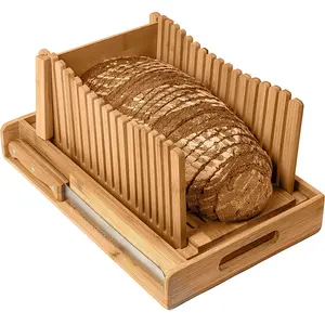 Adjustable bamboo wooden bread slicer with knife and crumb platter tray