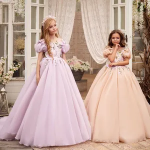 FEESHOW Girls' Flutter Sleeve Chiffon Flower Girl Dress - Lavender Long Gown For Weddings & Parties - View #7