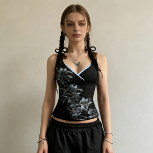 Top Corto Estilo Americano para Mujer, Estampado Floral Vintage, Estilo Halter, Ribete en Contraste, Ajuste Delgado, Sexy, Estilo Y2K - Product Image 4