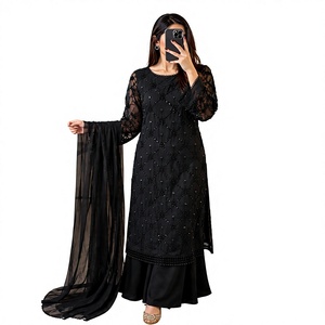 Black Embroidered Floor-Length <b>Kurta</b> Set With Net Dupatta <b>Women</b> Traditional Ethnic Indian Pakistani Party Wear Elegant Loose Fit - Product Image 1