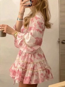 Vestido Mini <span class=keywords><strong>Boho</strong></span> Floral Rosa para Mujer, Vestido con Mangas Abullonadas y Cintura Ajustada, Vestido Línea A, Vestido Romántico Francés para Vacaciones - Product Image 2