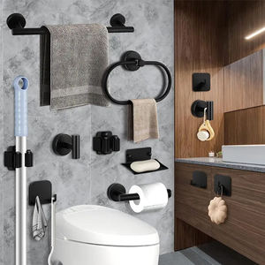 Juego de <span class=keywords><strong>Accesorios</strong></span> de <span class=keywords><strong>Baño</strong></span> de Metal Ecológico de Ocho Piezas, Color Negro, para Montar en la Pared <span class=keywords><strong>Sin</strong></span> Taladrar, en Existencia - Product Image 4
