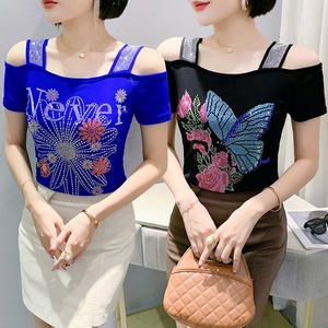 Camiseta de Fiesta para Mujer con Estampado de Mariposas, Pedrería, Hombros Descubiertos y Lentejuelas Brillantes, Top de Manga Corta para Discoteca - Product Image 4