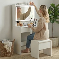 Ensemble de coiffeuse de luxe en bois blanc avec miroir éclairé, plateau en verre et tiroirs à éclairage intelligent pour chambre à coucher, vente en gros, MOQ 100