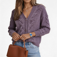 Cardigan en maille torsadée pour femme, col en V, violet, boutonné sur le devant, épaules tombantes, coupe ample et courte, vêtement d'extérieur d'automne, marque privée
