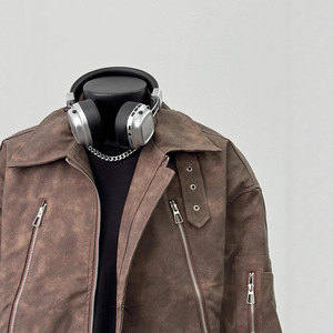 Blouson Bomber <span class=keywords><strong>Homme</strong></span> en Cuir Marron Coupe Ample Tendance Automne avec Col Revers et Fermeture Éclair Style Motard Vintage Américain - Product Image 3