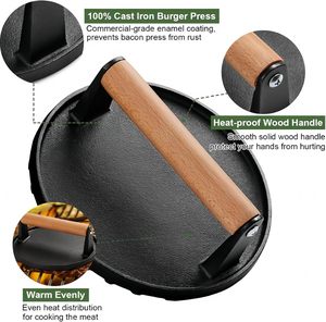 Prensa de hierro fundido para carne de 7 pulgadas, para smash <span class=keywords><strong>burgers</strong></span> y tocino, con mango de madera, 2LB, herramienta de cocina de alta resistencia, para marcar perfectamente las parrillas - Product Image 4