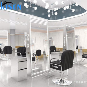 KISEN Stainless Steel Salon Cabinet Dressing <b>Table</b> And Storage Shelves Two-Way <b>Mirrors</b> With Led Light For Barber Shop Use - Product Image 4