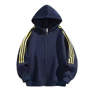 Wholesale Men Oversized Zip-Up Hoodie French Terry Hooded Sweatshirt with Striped Sleeves Casual Autumn Sportswear - Product Image 1