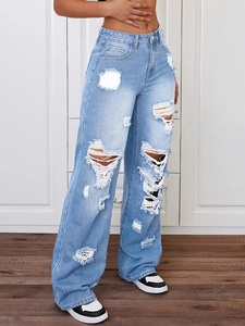 Jeans de Mezclilla Desgastados de Cintura Alta para Mujer, Estilo Holgado, Pierna Ancha, Ropa de Calle, Secado Rápido, Ajuste Holgado, Versátil - Product Image 2