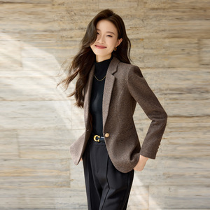 Brown Blazer For Women Solid Color Polyester Worsted Anti-Wrinkle Professional Formal Korean Style Short Slim Fit Autumn <b>Winter</b> - Product Image 3