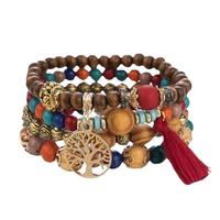 Bracelet à breloques plaqué or style Bohème Chic avec perles en bois multicouches superposées et élastique, unisexe, pour anniversaire