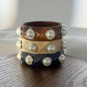 Vintage Wooden Cuff <b>Bracelets</b> with Imitation <b>Pearls</b> Faceted Stackable Bangles <b>for</b> <b>Women</b> - Product Image 4