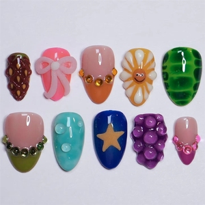 Ongles press-on personnalisés faits main printemps-été, 10 pièces/ensemble, <span class=keywords><strong>dessin</strong></span>é à la main et accents de perles, faux ongles amande réutilisables pour femmes - Product Image 6