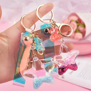 Creative Moving Liquid Quicksand Keychain Five-pointed Star Floating Keyring for Women Charm Bag Pendant Keyfob Kids Gift