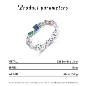 <b>925</b> <b>Silver</b> Eternity Band <b>Ring</b> Geometric Design Bezel Set Diamonds and Colorful Stones Unisex Minimalist Everyday Wear - Product Image 2
