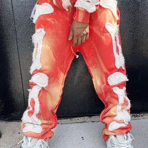 Parches desgastados bordados con pegatina personalizada Logo Streetwear Vintage Sun Faded Hoodie Sets chándales para hombres - Product Image 6