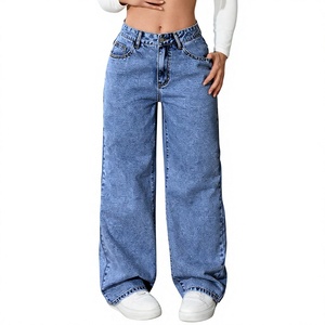 Jeans de mezclilla elásticos acampanados holgados para mujer al por mayor |   Pantalones Vaqueros de Cintura Alta, Estilo Y2K, de Pierna Recta y Lavado |   Jeans Casuales de Pierna Ancha para Verano - Product Image 5
