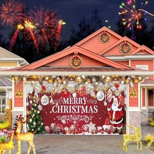 Bannière de Noël pour porte de <span class=keywords><strong>garage</strong></span>, Père Noël avec boîtes cadeaux, scène d'atelier avec sapin de Noël, housses de porte de <span class=keywords><strong>garage</strong></span> personnalisables, décoration de fête - Product Image 2