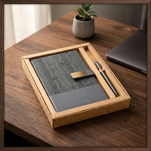 Ensemble cadeau moderne et écologique comprenant un carnet texturé gris avec fermoir doré et un stylo en métal imprimé en sérigraphie dans une boîte de présentation en kraft - Product Image 5