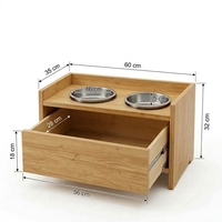 Station d'alimentation surélevée pour chat en bois avec double gamelle en acier inoxydable, tiroir de rangement multi-scénarios pour humain et animal, mangeoire pour chat
