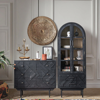 Armoire dôme vintage française avec portes en verre, murale, en bois massif, noire, sur pied, pour salon