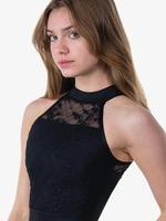 Leotardo de gimnasia de alta elasticidad negro para mujer, cuello Halter, encaje decorado, trajes de baile y entrenamiento transpirables