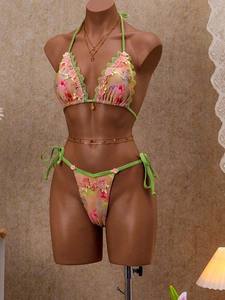 Новый сексуальный купальник-бикини из 3 предметов с цветочным принтом, на бретельках, в европейском и американском стиле, для пляжа, из спандекса/нейлона, коллекция 2026 года - Product Image 1