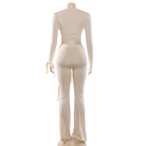 Y7933-2026 Abbigliamento Donna, Top Aderente con Scollo a V e Maniche Lunghe Traforate, Completo Due Pezzi con Pantaloni per Signore - Product Image 5