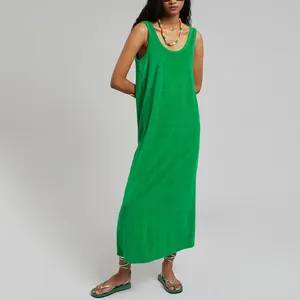 Summer Casual Sleeveless O-neck Knitted Towel Rayon Fabric Maxi Dress for Women