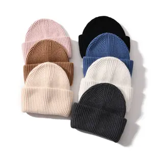 Factory Sale Women Men Custom Wool Knitted Winter Hat Stretchy Striped Double Folded Warm Wholesale Unisex Cashmere Beanie Hats