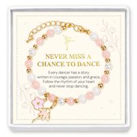 Bracelet perlé rose et blanc avec breloque ballerine en émail fleuri, cadeau pour danseuse avec carte de message, accessoires