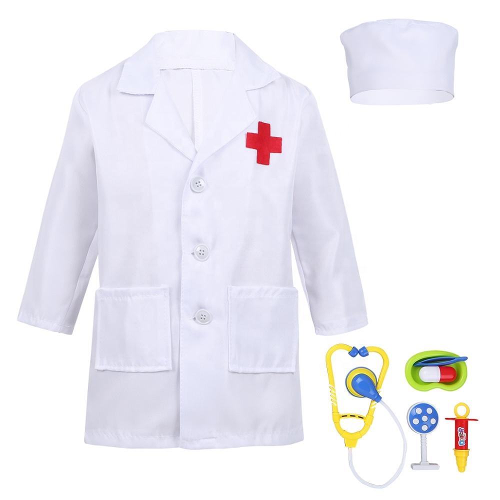 Set Pakaian Dokter Anak Laki-laki dan Perempuan, Mantel Lengan Panjang dengan Topi, Kostum Cosplay Halloween