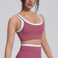 Dames Contrast Dubbellaagse Sportbeha 80 Procent Nylon 20 Procent Spandex U-hals Mouwloos Yoga Workout Fitness Top