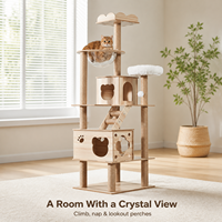 Arbre à chat stable en bois tout-en-un avec capsule spatiale, griffoir et accessoires de jeu pour animaux de compagnie