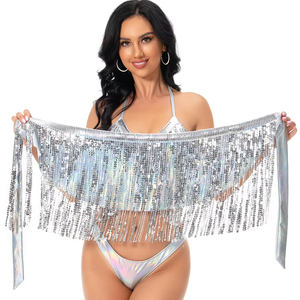 Ensemble bikini métallique 3 pièces, franges à paillettes rave, haut halter dos nu à nouer, jupe de fête à nœuds latéraux et culotte - Product Image 4