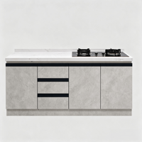 Cuisine Modulaire Murale Personnalisée en Noyer Moderne avec Table de Cuisson à Gaz Intégrée OEM, Plan de Travail en Marbre, Poignée Noire, Charnière, Évier Écologique